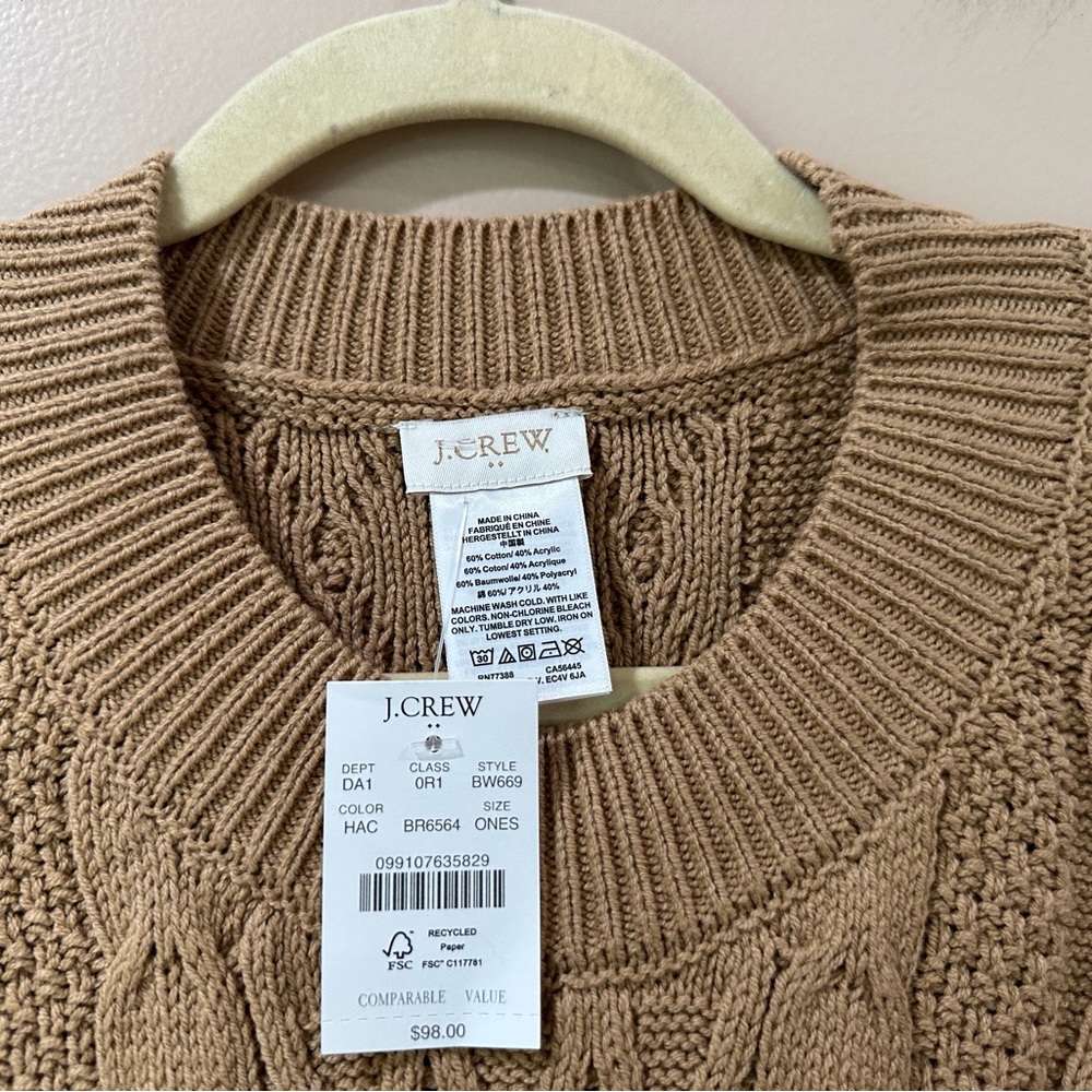 J.Crew Womens Camel Brown Fisherman Cable Knit Cape Poncho Pullover Sweater OZ - Picture 4 of 4